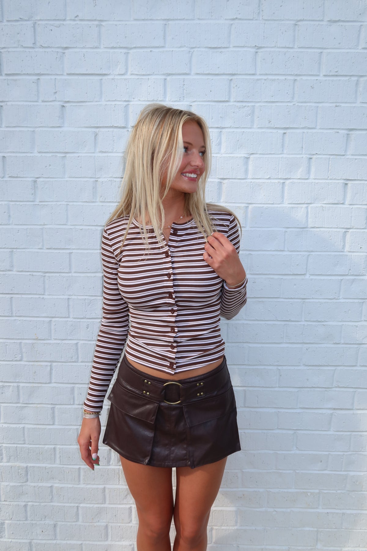 MOCHA STRIPE HENLEY LONG SLEEVE